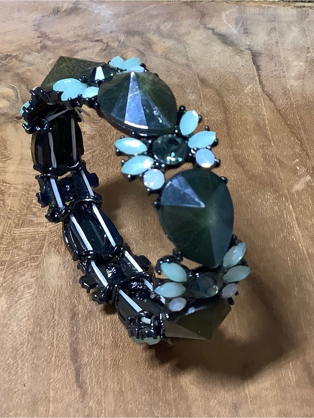 Boho Aqua Green and black resin stretchy bracelet